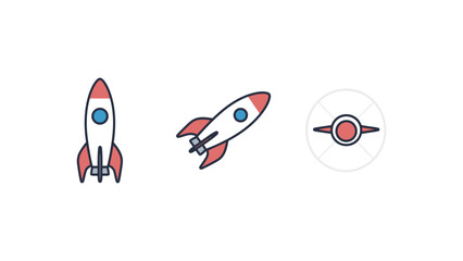 A set of simple, flat vector illustrations of a rocket ship, showcasing its front, 3/4, and top-down views in a clean and modern style.