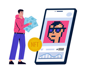 People create NFT art. Cryptography masterpieces buy and sell. Digital market. Innovation artistic auction. Phone app. Non-fungible token. Paying for unique pictures. Vector concept