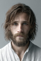 Fototapeta premium Cinematic close up portrait of serious young caucasian man with beard