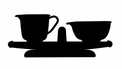 Silhouette of a scale with a pitcher and a bowl showing balance and measurement in black and white art