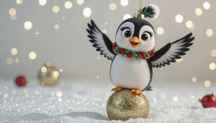 Obraz premium Festive Penguin Ornament with Wreath and Golden Ball Joyful penguin ornament with holiday wreath, standing on a glittery gold ball. Perfect for winter greeting cards, festive decor, and seasonal print