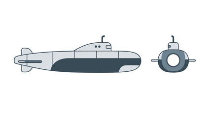 Submarine Side and Front View Illustration Set for Military, Exploration, and Technology