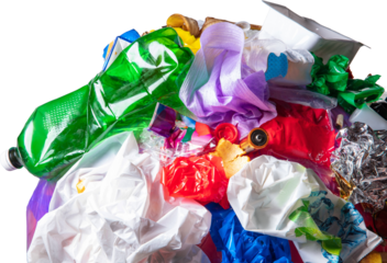 Garbage pile close up with crushed green bottle and wrappers. Concept of waste pollution overconsumption recycling and global environmental challenge. Transparent background