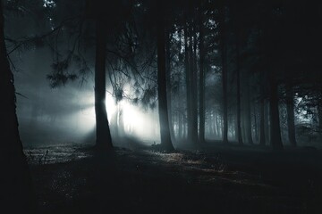 Mysterious bright light illuminating a dark and foggy forest at night.