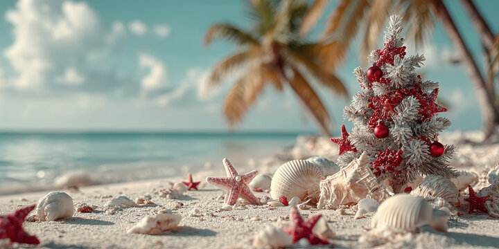 Small christmas tree decorated with red christmas balls and seashells standing on a tropical beach at sunset representing the concept of christmas vacation and travel - Powered by Adobe