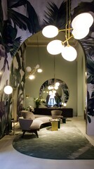 Elegant living space with botanical wall and geometric furniture, highlighting modern home aesthetics and texture.