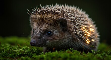 Fototapeta premium 小さなハリネズミ 柔らかな光に包まれ輝く夜 (Chiisana harinezumi yawarakana hikari ni tsutsumare kagayaku yoru) This translates roughly to: 