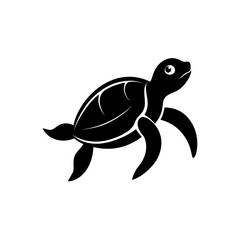 Stylized black turtle swimming upwards view on transparent background silhouette