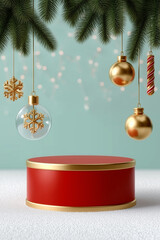 Cylindrical podium decorated with hanging ornaments, fir branches, candy canes and snowflakes. Classic Christmas scene. Mock up the pedestal.