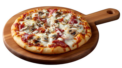 A classic Pizza Prosciutto e Funghi, a traditional Italian pizza topped with savory prosciutto, fresh mushrooms, and melted mozzarella cheese.