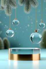 Icy glamorous New Year’s podium on a frozen background with hanging icy crystal ornaments and frosted pine branches. Luxurious winter holiday scene. Product presentation, show cosmetic product.