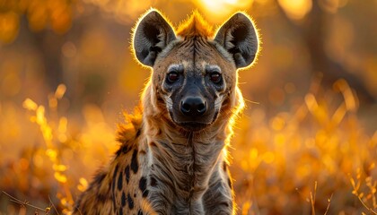 A spotted hyena at sunrise, bathed in warm golden light, gazes directly at the camera.