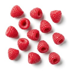 Fresh ripe red raspberries scattered top down view isolated on transparent background