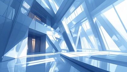 Obraz premium Futuristic architectural interior with striking geometric shapes bathed in cool blue light