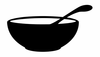 A simple graphic illustration of a bowl with a spoon resting inside it in black and white minimalist style silhouette