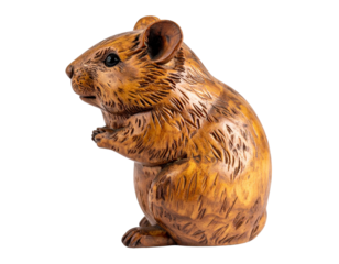 Decorative Wooden Hamster Sculpture with Vintage Artisan Style, Angled Perspective, Isolated on Transparent Background