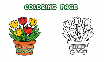 Coloring Page of Tulip Flowers in Decorative Pot – Vector Illustration
