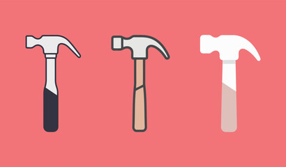 Three different styles of claw hammers, vector illustration in a minimalist graphic style on a vibrant red background