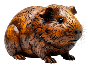 Decorative Wooden Guinea Pig Sculpture with Vintage Artisan Style, Angled Perspective, Isolated on Transparent Background