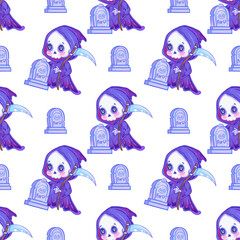 Kawaii Grim Reaper with Tombstone Seamless Pattern Cute Halloween Digital With transparent background