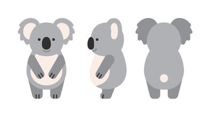 Three vector illustrations of a koala, showing the front, side, and back views in a simple, cute graphic style on a white background