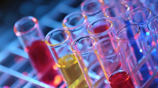 Glowing laboratory test tubes with red, yellow and blue liquids – futuristic science and biotechnology research