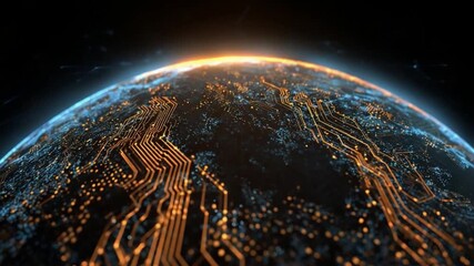 Digital Earth: A digital earth illustration showcases the fusion of technology and planet, with intricate circuit board patterns illuminating a stylized globe. - Powered by Adobe