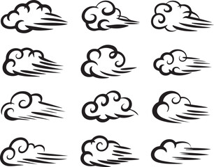 Obraz premium Set of Black Cloud Silhouettes with Wind Effect on Transparent Background for Weather Graphics