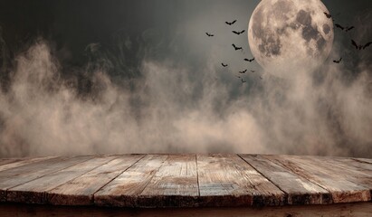 Rustic wooden table against a spooky night sky with full moon and bats for Halloween.