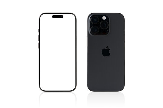 Antalya, Turkey - September 11, 2025: Front and back view of the new black iPhone 16 Pro smartphone on a white background