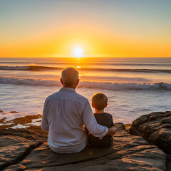 Father and son watching sunset over ocean

