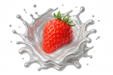 Vibrant red strawberry splashing into silvery liquid, creating dynamic droplet spray against transparent background