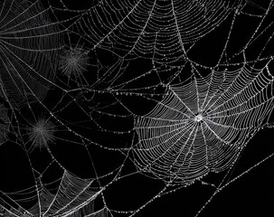 Intricate network of glowing spiderwebs against a dark black background.