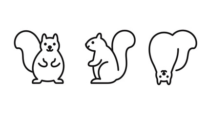 Black and white flat vector illustration of a cartoon squirrel from various poses, isolated on a white background.
