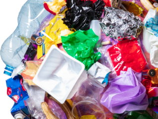 Plastic bottles and food waste mixed in pile of garbage. Concept of unsorted trash, urban pollution, ecological neglect, human impact and consumption waste. Transparent background