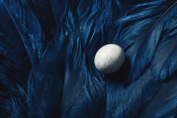 Elegant still life of a textured white egg on dark blue feathers.