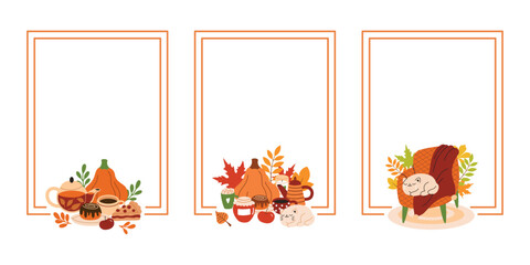 Autumn cozy frame.Warm fall collection with tea, coffee, blanket and cat and soft armchair. Vector flat cartoon illustration