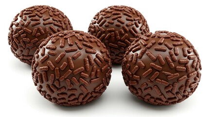 Four chocolate sprinklecovered balls on a white surface casting shadows