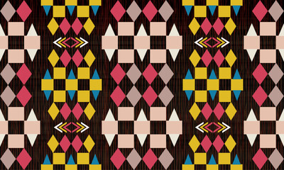 Colorful seamless pattern with red, yellow, blue, and beige diamond motifs on dark background, perfect for boho decor, textiles, carpets, and ethnic inspired interior design.