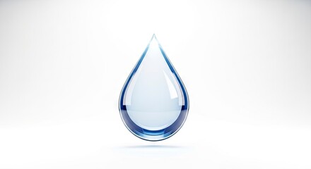 Glossy droplet with blue edges on a bright white backdrop casting a delicate shadow