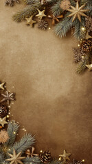Rustic Christmas background with fir branches pinecones and golden star ornaments on vintage paper texture