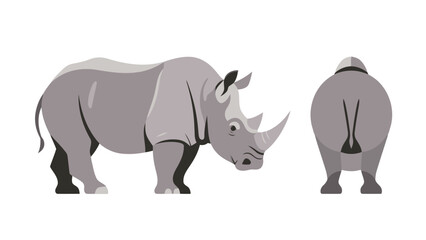 Obraz premium Flat vector illustration of a cute cartoon rhinoceros from the side and back, isolated on a white background.