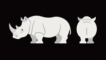 Flat vector illustration of a cute cartoon white rhinoceros from the side and back, isolated on a black background.