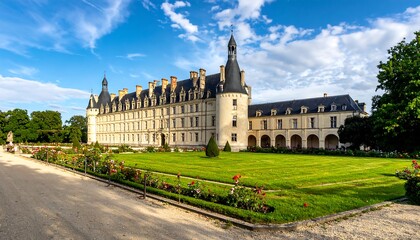 Fototapeta premium A grand chateau with manicured gardens under a vibrant sky