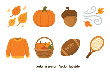 Autumn season icon set: pumpkin, leaves, acorn, sweater, basket, wind, football, racket
