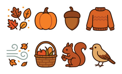 Autumn symbols: leaves, pumpkin, acorn, sweater, squirrel, and bird illustrations