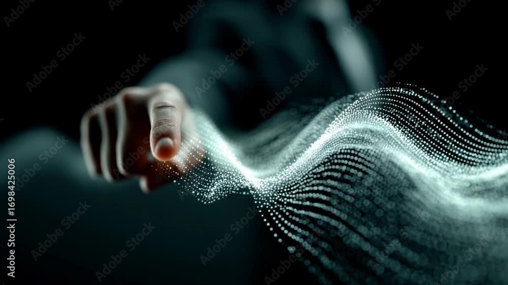 Poster digital wave interaction: a mysterious hand gently touches a luminous wave of digital data, evoking 