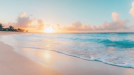Obraz premium A breathtaking sunrise paints the sky with vibrant hues as gentle waves caress the pristine sandy beach in a tropical paradise