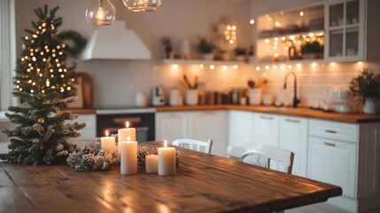 Warm candlelight illuminates a festive Christmas table setting in a cozy Scandinavian kitchen interior, creating a magical holiday atmosphere with a decorated Christmas tree in the background