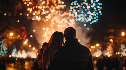 man and woman standing with back to camera, looking at bright new year fireworks, enjoying winter night celebration and festive outdoor atmosphere